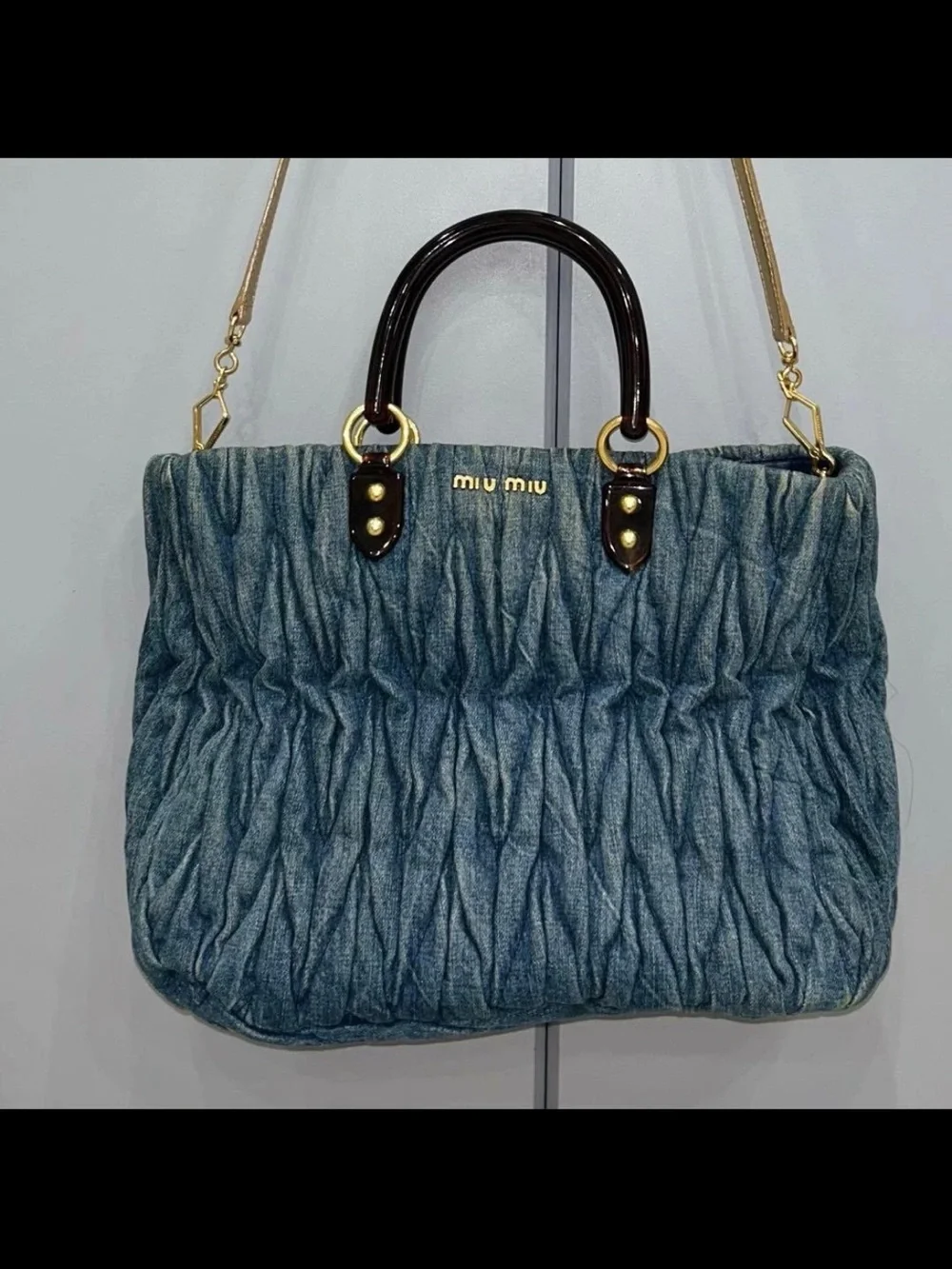 Miu Miu Blue Denim Matelassé Tote with Gold Hardware
